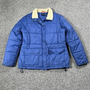 VTG Lands End Jacket Womens M Petite 10/12 Blue Puffer Sherpa Collar Insulated